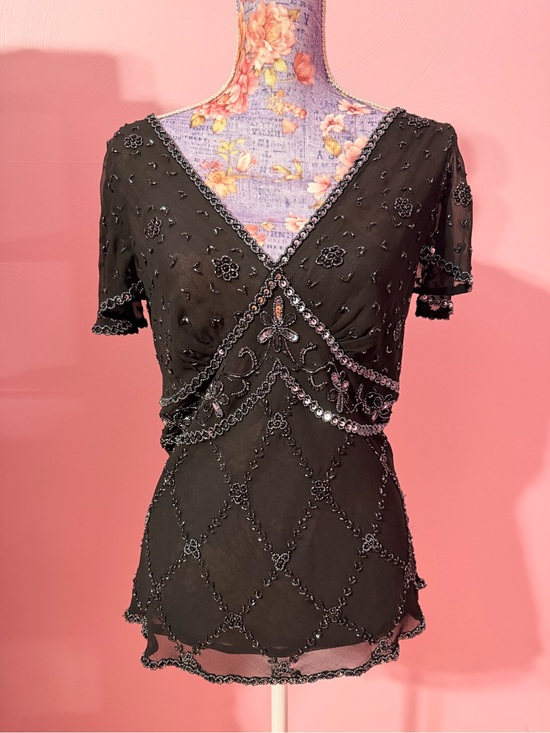 Adrianna Papell Tops - Adrianna Papell Boutique Black Chiffon Beaded Sequin V-Neck Fairy Top - Size XL